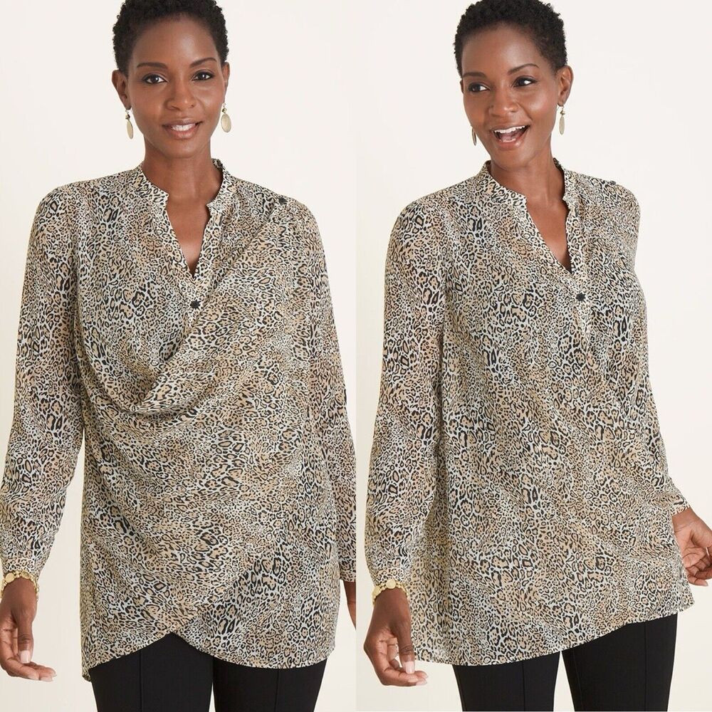 Chicos Size 1 M 8/10 Convertible Cheetah-Print Shirt Womens Long Sleeve Chiffon